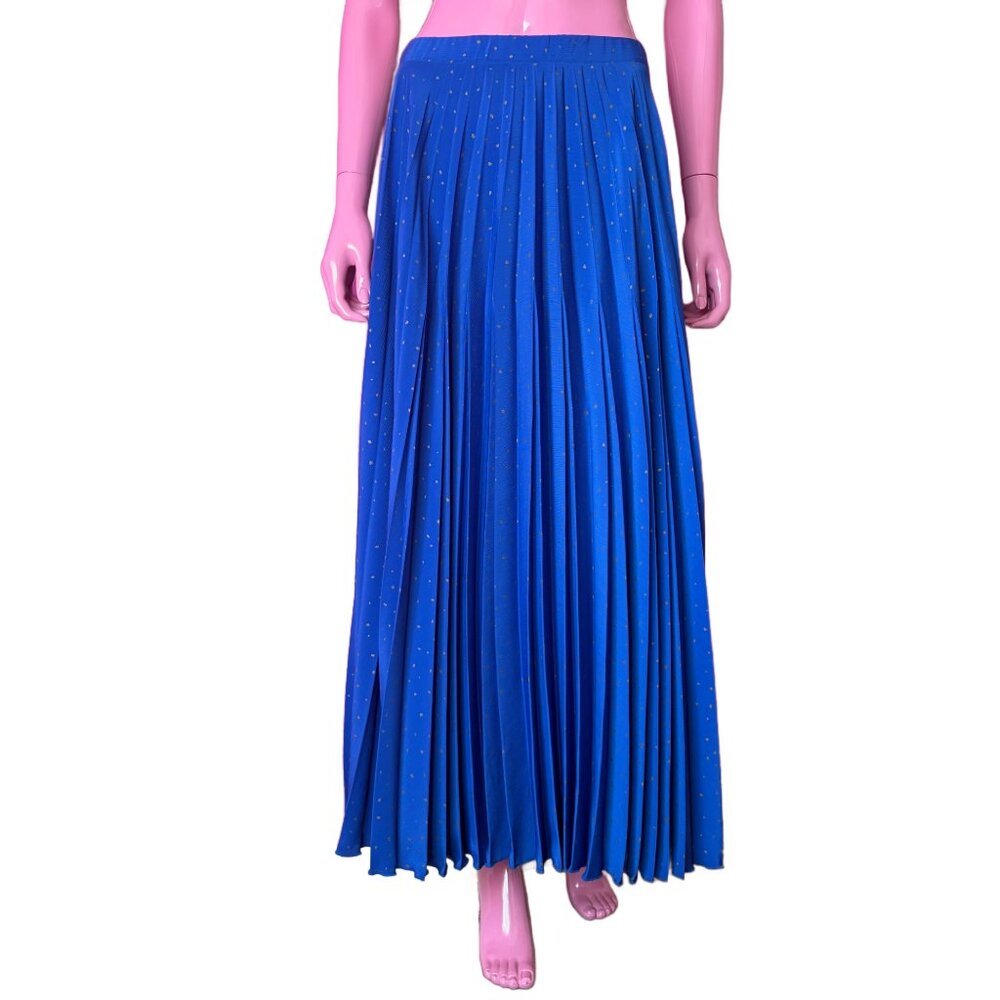 Vintage 80s S Jeanne Marc Skirt Maxi Pleated Chic Blue Gold A-line Elastic Waist
